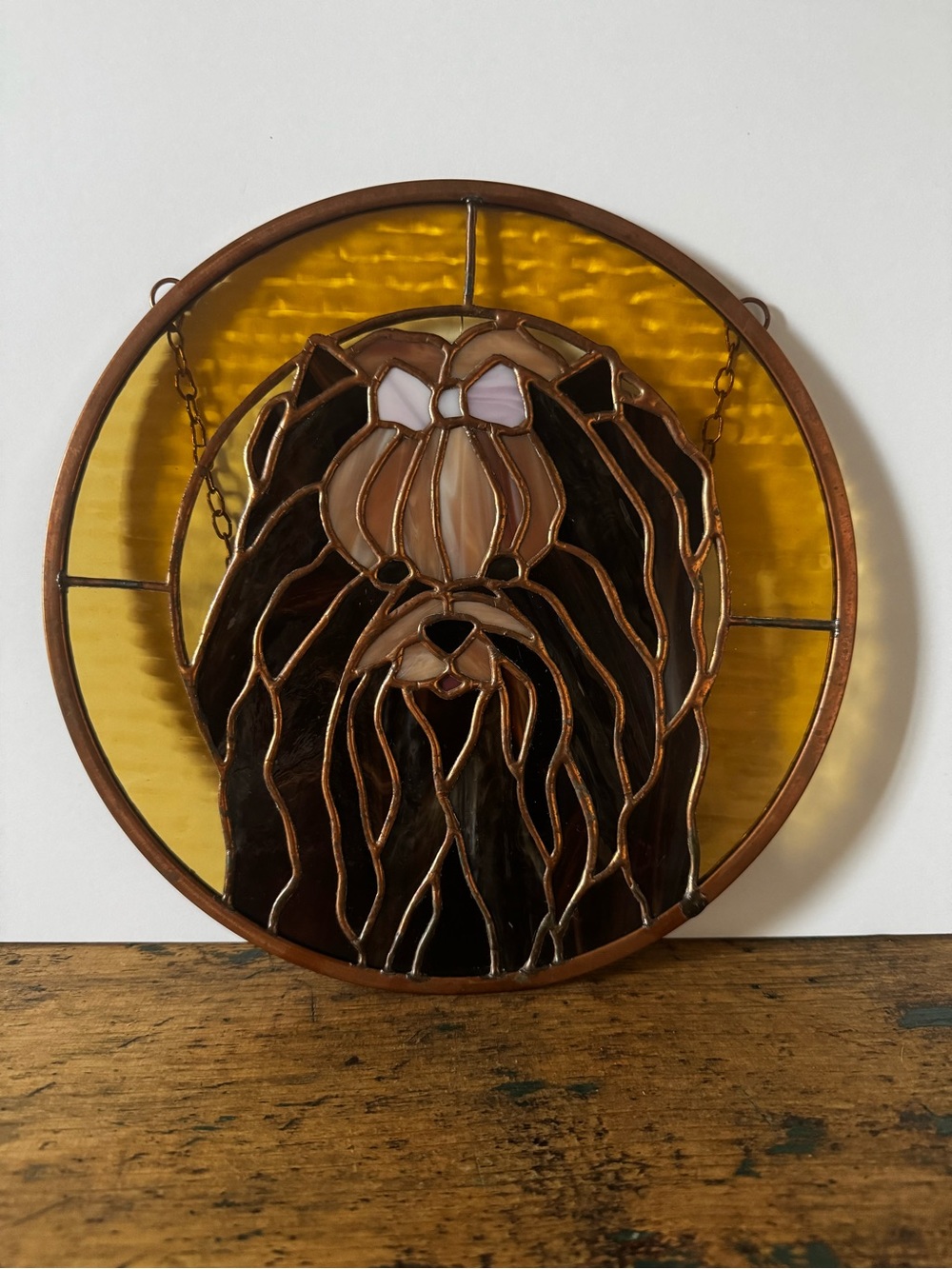 Handcrafted Brown & Gold Shih Tzu Stained Glass Wall Art